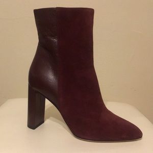 Burgundy suede and leather block heel bootie